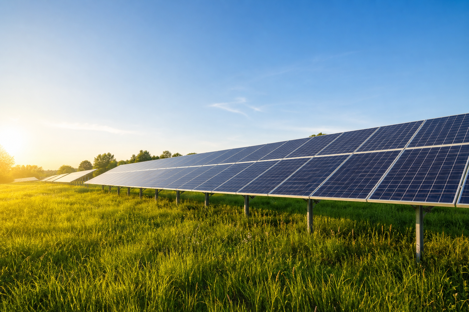 Solar panels in a field under blue sky